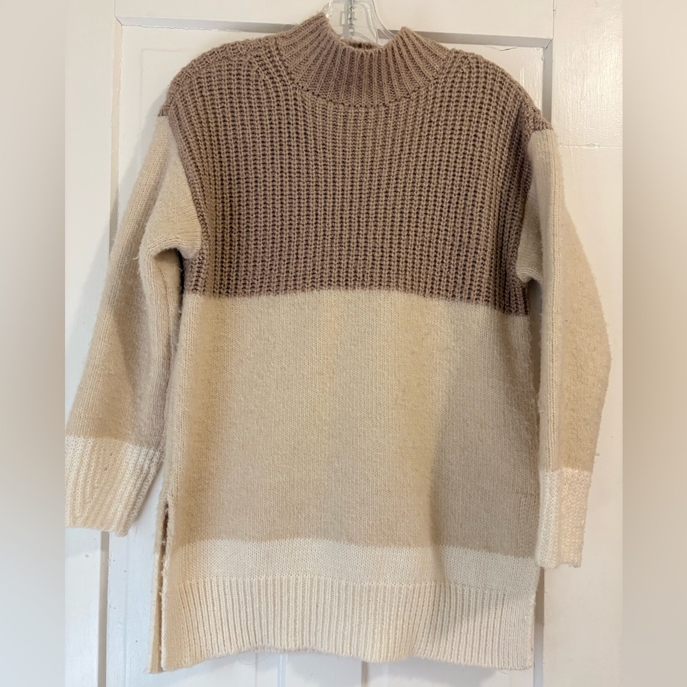 Cozy Colorblock Sweater - Cream and Brown